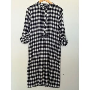 Lands End Navy Gingham Pintuck Roll Tab Sleeve Shirt Dress 16